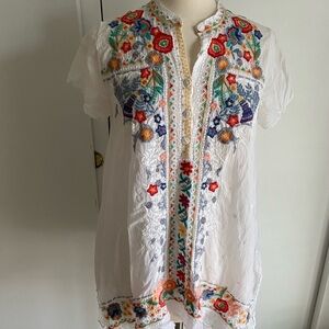 Johnny Was White Embroidered Top with Multicolor Floral Design